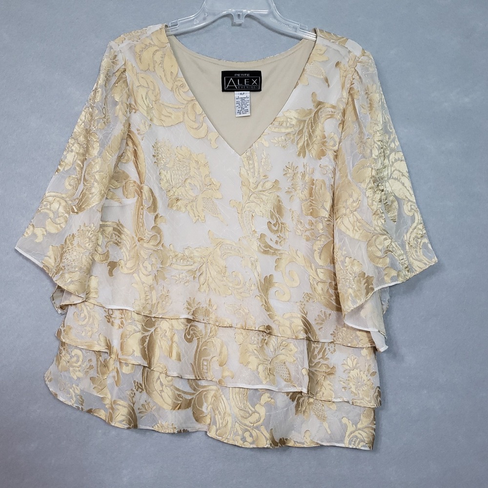 Alex Evenings Women XLP Blouse Gold Damask Tiered Flutter Sleeve Metallic V-Neck